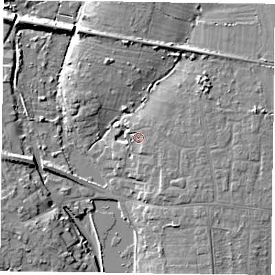 Shaded relief map of the ground around PO108JR, computed from Environment Agency LiDAR. The ground here sits at about 6 m above sea level and falls 11 m across the surrounding 800 m. Surface water reaching this point runs off ground lying to the east, 2.0 m higher.