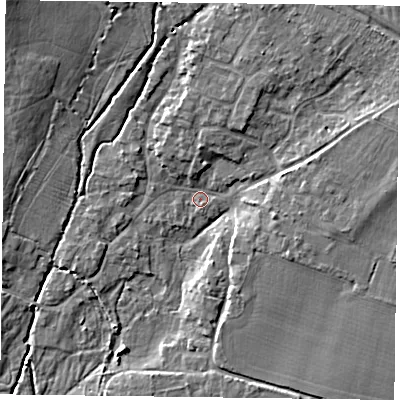Shaded relief map of the ground around PO108SE, computed from Environment Agency LiDAR. The ground here sits at about 11 m above sea level and falls 10 m across the surrounding 800 m. Surface water reaching this point runs off ground lying to the east-north-east, 5.7 m higher.