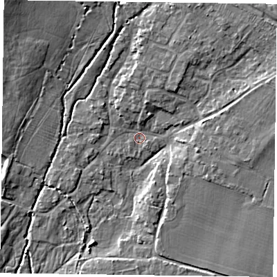 Shaded relief map of the ground around PO108SF, computed from Environment Agency LiDAR. The ground here sits at about 11 m above sea level and falls 11 m across the surrounding 800 m. Surface water reaching this point runs off ground lying to the north-north-east, 3.3 m higher.