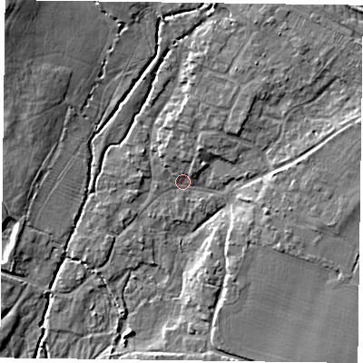 Shaded relief map of the ground around PO108SH, computed from Environment Agency LiDAR. The ground here sits at about 11 m above sea level and falls 12 m across the surrounding 800 m. Surface water reaching this point runs off ground lying to the north-north-east, 3.1 m higher.