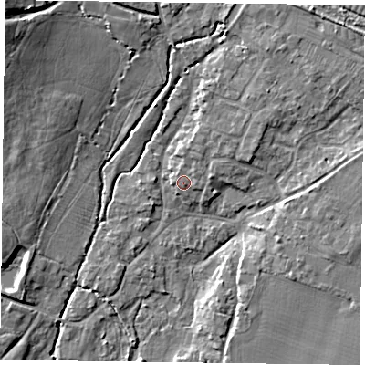 Shaded relief map of the ground around PO108SJ, computed from Environment Agency LiDAR. The ground here sits at about 13 m above sea level and falls 14 m across the surrounding 800 m. Surface water reaching this point runs off ground lying to the north-north-east, 1.0 m higher.