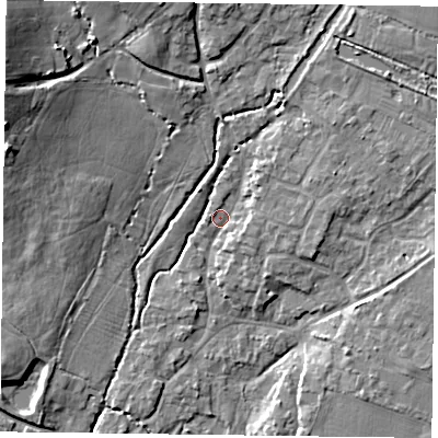 Shaded relief map of the ground around PO108SL, computed from Environment Agency LiDAR. The ground here sits at about 12 m above sea level and falls 16 m across the surrounding 800 m. Surface water reaching this point runs off ground lying to the east-north-east, 4.9 m higher.