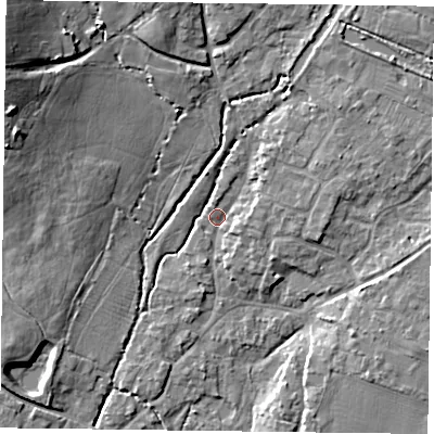 Shaded relief map of the ground around PO108SN, computed from Environment Agency LiDAR. The ground here sits at about 12 m above sea level and falls 17 m across the surrounding 800 m. Surface water reaching this point runs off ground lying to the north-east, 4.5 m higher.