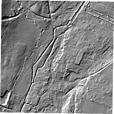 Shaded relief map of the ground around PO108SP, computed from Environment Agency LiDAR. The ground here sits at about 12 m above sea level and falls 14 m across the surrounding 800 m. Surface water reaching this point runs off ground lying to the north-east, 4.8 m higher.
