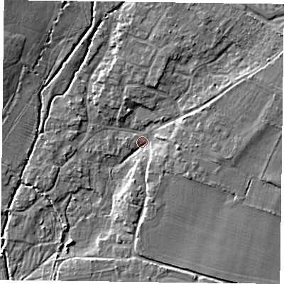 Shaded relief map of the ground around PO108SQ, computed from Environment Agency LiDAR. The ground here sits at about 11 m above sea level and falls 10 m across the surrounding 800 m. Surface water reaching this point runs off ground lying to the east-north-east, 6.4 m higher.