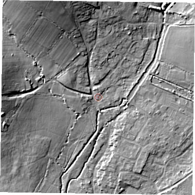 Shaded relief map of the ground around PO108SR, computed from Environment Agency LiDAR. The ground here sits at about 14 m above sea level and falls 20 m across the surrounding 800 m. Surface water reaching this point runs off ground lying to the north-north-west, 16.6 m higher.