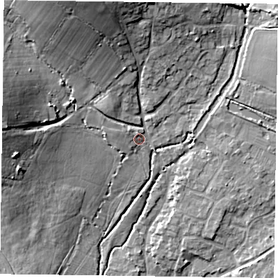 Shaded relief map of the ground around PO108ST, computed from Environment Agency LiDAR. The ground here sits at about 14 m above sea level and falls 19 m across the surrounding 800 m. Surface water reaching this point runs off ground lying to the west-north-west, 1.9 m higher.
