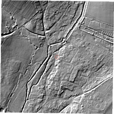Shaded relief map of the ground around PO108SW, computed from Environment Agency LiDAR. The ground here sits at about 13 m above sea level and falls 13 m across the surrounding 800 m. Surface water reaching this point runs off ground lying to the north-east, 9.3 m higher.