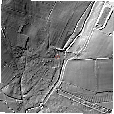 Shaded relief map of the ground around PO108TD, computed from Environment Agency LiDAR. The ground here sits at about 16 m above sea level and falls 27 m across the surrounding 800 m. Surface water reaching this point runs off ground lying to the north-west, 22.0 m higher.