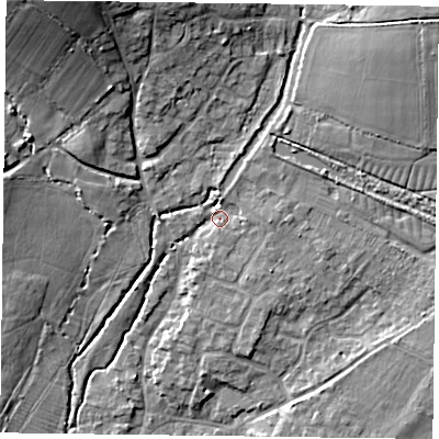 Shaded relief map of the ground around PO108TG, computed from Environment Agency LiDAR. The ground here sits at about 14 m above sea level and falls 17 m across the surrounding 800 m. Surface water reaching this point runs off ground lying to the north-east, 12.1 m higher.