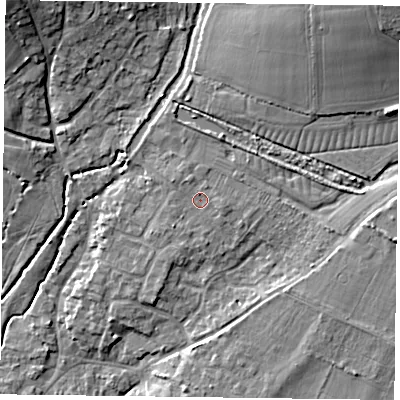 Shaded relief map of the ground around PO108TH, computed from Environment Agency LiDAR. The ground here sits at about 15 m above sea level and falls 14 m across the surrounding 800 m. Surface water reaching this point runs off ground lying to the east, 1.1 m higher.