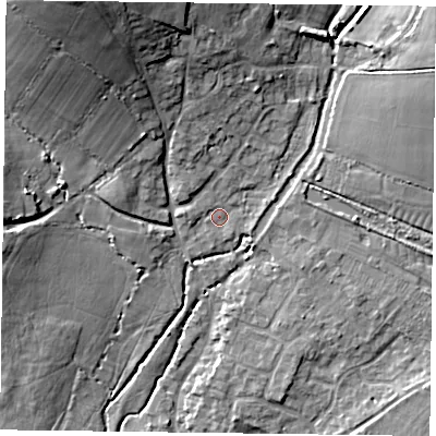 Shaded relief map of the ground around PO108TX, computed from Environment Agency LiDAR. The ground here sits at about 14 m above sea level and falls 21 m across the surrounding 800 m. Surface water reaching this point runs off ground lying to the north, 8.3 m higher.