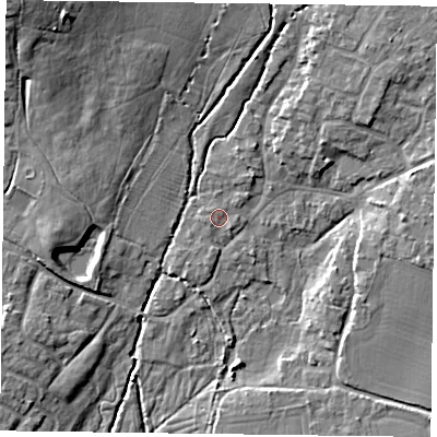 Shaded relief map of the ground around PO108UA, computed from Environment Agency LiDAR. The ground here sits at about 11 m above sea level and falls 14 m across the surrounding 800 m. Surface water reaching this point runs off ground lying to the south-east, 0.8 m higher.