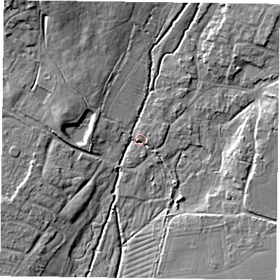 Shaded relief map of the ground around PO108UB, computed from Environment Agency LiDAR. The ground here sits at about 11 m above sea level and falls 11 m across the surrounding 800 m. Surface water reaching this point runs off ground lying to the north-north-west, 7.6 m higher.