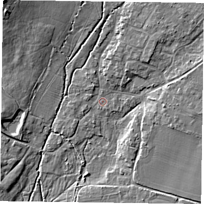 Shaded relief map of the ground around PO108UE, computed from Environment Agency LiDAR. The ground here sits at about 11 m above sea level and falls 15 m across the surrounding 800 m. Surface water reaching this point runs off ground lying to the north-east, 4.4 m higher.