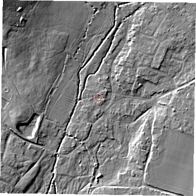 Shaded relief map of the ground around PO108UG, computed from Environment Agency LiDAR. The ground here sits at about 11 m above sea level and falls 17 m across the surrounding 800 m. Surface water reaching this point runs off ground lying to the north-east, 1.4 m higher.