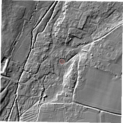 Shaded relief map of the ground around PO108UH, computed from Environment Agency LiDAR. The ground here sits at about 10 m above sea level and falls 11 m across the surrounding 800 m. Surface water reaching this point runs off ground lying to the east-north-east, 5.8 m higher.