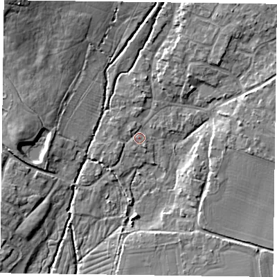 Shaded relief map of the ground around PO108UJ, computed from Environment Agency LiDAR. The ground here sits at about 11 m above sea level and falls 12 m across the surrounding 800 m. Surface water reaching this point runs off ground lying to the north-east, 4.7 m higher.