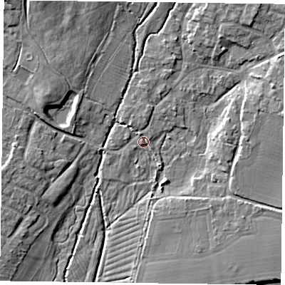 Shaded relief map of the ground around PO108UL, computed from Environment Agency LiDAR. The ground here sits at about 10 m above sea level and falls 10 m across the surrounding 800 m. Surface water reaching this point runs off ground lying to the north, 1.2 m higher.
