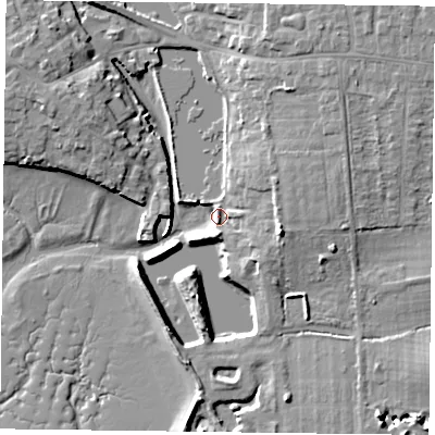 Shaded relief map of the ground around PO108XD, computed from Environment Agency LiDAR. The ground here sits at about 4 m above sea level and falls 10 m across the surrounding 800 m. Surface water reaching this point runs off ground lying to the east-south-east, 8.2 m higher.
