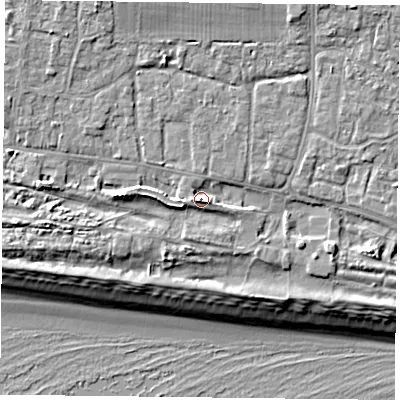 Shaded relief map of the ground around PO110AD, computed from Environment Agency LiDAR. The ground here sits at about 6 m above sea level and falls 10 m across the surrounding 800 m. Surface water reaching this point runs off ground lying to the west-south-west, 3.5 m higher.