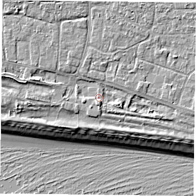 Shaded relief map of the ground around PO110AG, computed from Environment Agency LiDAR. The ground here sits at about 4 m above sea level and falls 9 m across the surrounding 800 m. Surface water reaching this point runs off ground lying to the west-south-west, 2.0 m higher.