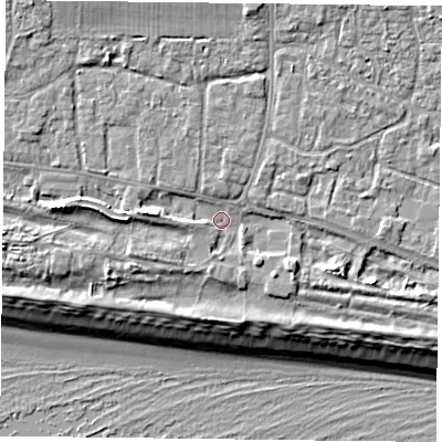 Shaded relief map of the ground around PO110AJ, computed from Environment Agency LiDAR. The ground here sits at about 4 m above sea level and falls 10 m across the surrounding 800 m. Surface water reaching this point runs off ground lying to the west, 1.8 m higher.