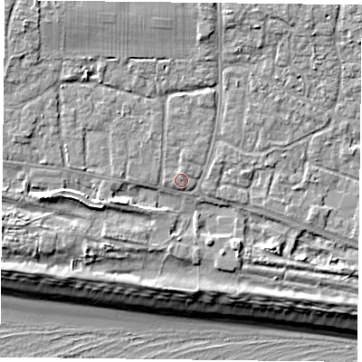 Shaded relief map of the ground around PO110AU, computed from Environment Agency LiDAR. The ground here sits at about 5 m above sea level and falls 10 m across the surrounding 800 m. Surface water reaching this point runs off ground lying to the west-south-west, 2.9 m higher.