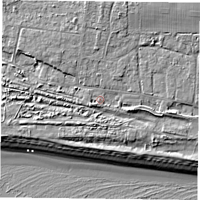 Shaded relief map of the ground around PO110AW, computed from Environment Agency LiDAR. The ground here sits at about 5 m above sea level and falls 10 m across the surrounding 800 m. Surface water reaching this point runs off ground lying to the south-west, 2.2 m higher.