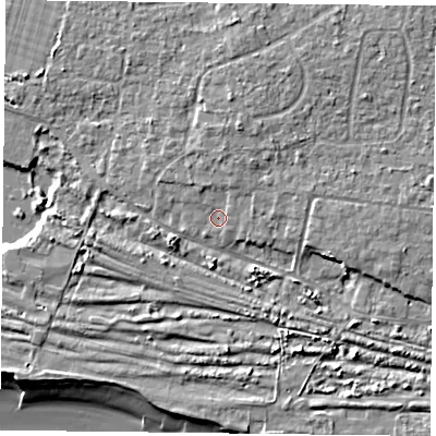 Shaded relief map of the ground around PO110BD, computed from Environment Agency LiDAR. The ground here sits at about 4 m above sea level and falls 9 m across the surrounding 800 m. Surface water reaching this point runs off ground lying to the north-north-east, 1.6 m higher.