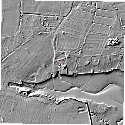 Shaded relief map of the ground around PO110BF, computed from Environment Agency LiDAR. The ground here sits at about 4 m above sea level and falls 9 m across the surrounding 800 m. Surface water reaching this point runs off ground lying to the south-south-east, 4.7 m higher.