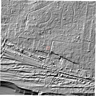 Shaded relief map of the ground around PO110BS, computed from Environment Agency LiDAR. The ground here sits at about 5 m above sea level and falls 10 m across the surrounding 800 m. Surface water reaching this point runs off ground lying to the east, 1.5 m higher.