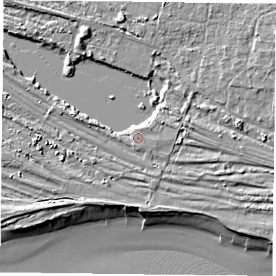 Shaded relief map of the ground around PO110BX, computed from Environment Agency LiDAR. The ground here sits at about 4 m above sea level and falls 9 m across the surrounding 800 m. Surface water reaching this point runs off ground lying to the east-north-east, 1.5 m higher.
