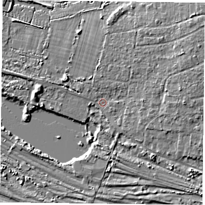 Shaded relief map of the ground around PO110BY, computed from Environment Agency LiDAR. The ground here sits at about 3 m above sea level and falls 6 m across the surrounding 800 m. Surface water reaching this point runs off ground lying to the east-north-east, 3.9 m higher.