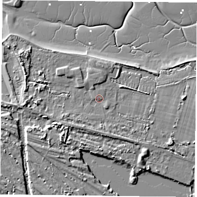 Shaded relief map of the ground around PO110BZ, computed from Environment Agency LiDAR. The ground here sits at about 4 m above sea level and falls 9 m across the surrounding 800 m. Surface water reaching this point runs off ground lying to the south-west, 2.7 m higher.