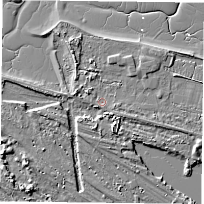 Shaded relief map of the ground around PO110DA, computed from Environment Agency LiDAR. The ground here sits at about 3 m above sea level and falls 9 m across the surrounding 800 m. Surface water reaching this point runs off ground lying to the south-south-east, 1.4 m higher.