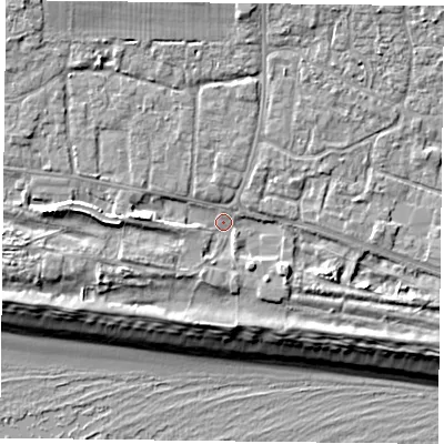 Shaded relief map of the ground around PO110DE, computed from Environment Agency LiDAR. The ground here sits at about 4 m above sea level and falls 10 m across the surrounding 800 m. Surface water reaching this point runs off ground lying to the west-south-west, 1.8 m higher.