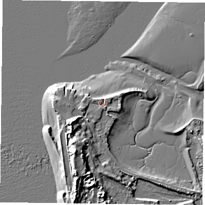 Shaded relief map of the ground around PO110DF, computed from Environment Agency LiDAR. The ground here sits at about 3 m above sea level and falls 14 m across the surrounding 800 m. Surface water reaching this point runs off ground lying to the west-south-west, 9.9 m higher.