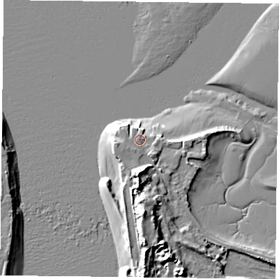 Shaded relief map of the ground around PO110DG, computed from Environment Agency LiDAR. The ground here sits at about 4 m above sea level and falls 14 m across the surrounding 800 m. Surface water reaching this point runs off ground lying to the south-south-west, 1.1 m higher.