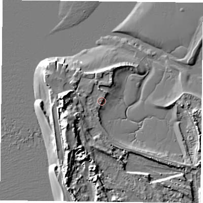 Shaded relief map of the ground around PO110DQ, computed from Environment Agency LiDAR. The ground here sits at about 3 m above sea level and falls 14 m across the surrounding 800 m. Surface water reaching this point runs off ground lying to the north-north-east, 2.0 m higher.