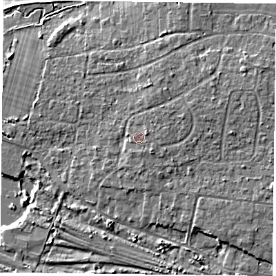 Shaded relief map of the ground around PO110HF, computed from Environment Agency LiDAR. The ground here sits at about 6 m above sea level and falls 7 m across the surrounding 800 m. Surface water reaching this point runs off ground lying to the east-north-east, 1.1 m higher.