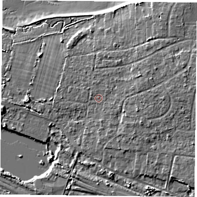 Shaded relief map of the ground around PO110HJ, computed from Environment Agency LiDAR. The ground here sits at about 5 m above sea level and falls 8 m across the surrounding 800 m. Surface water reaching this point runs off ground lying to the east-north-east, 2.5 m higher.