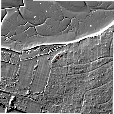 Shaded relief map of the ground around PO110HP, computed from Environment Agency LiDAR. The ground here sits at about 4 m above sea level and falls 9 m across the surrounding 800 m. Surface water reaching this point runs off ground lying to the east-south-east, 3.5 m higher.