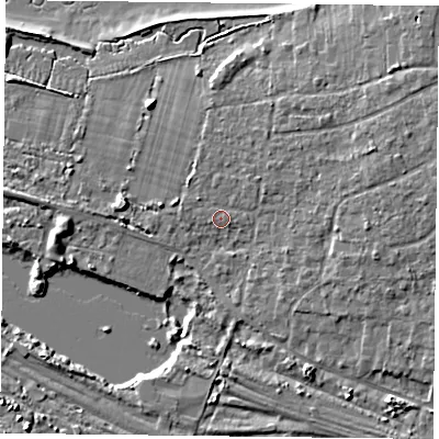 Shaded relief map of the ground around PO110HS, computed from Environment Agency LiDAR. The ground here sits at about 4 m above sea level and falls 7 m across the surrounding 800 m. Surface water reaching this point runs off ground lying to the east-north-east, 2.9 m higher.