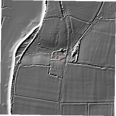 Shaded relief map of the ground around PO110JA, computed from Environment Agency LiDAR. The ground here sits at about 3 m above sea level and falls 8 m across the surrounding 800 m. Surface water reaching this point runs off ground lying to the east, 4.4 m higher.