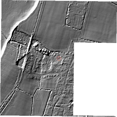 Shaded relief map of the ground around PO110JU, computed from Environment Agency LiDAR. The ground here sits at about 4 m above sea level and falls 8 m across the surrounding 800 m. Surface water reaching this point runs off ground lying to the south-south-east, 3.1 m higher.