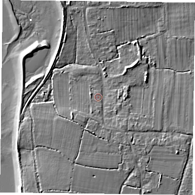 Shaded relief map of the ground around PO110LF, computed from Environment Agency LiDAR. The ground here sits at about 3 m above sea level and falls 7 m across the surrounding 800 m. Surface water reaching this point runs off ground lying to the south, 3.4 m higher.