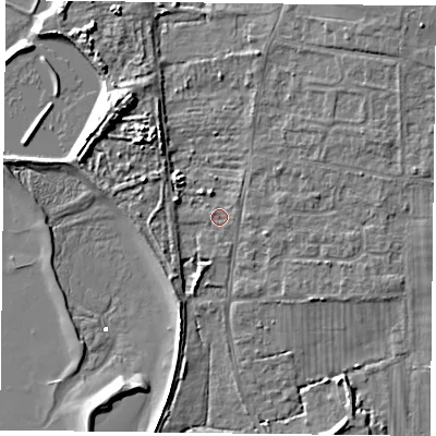 Shaded relief map of the ground around PO110LG, computed from Environment Agency LiDAR. The ground here sits at about 3 m above sea level and falls 9 m across the surrounding 800 m. Surface water reaching this point runs off ground lying to the north-west, 6.6 m higher.