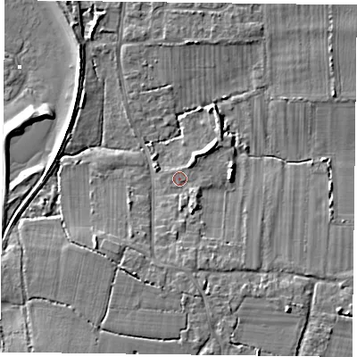 Shaded relief map of the ground around PO110LJ, computed from Environment Agency LiDAR. The ground here sits at about 3 m above sea level and falls 7 m across the surrounding 800 m. Surface water reaching this point runs off ground lying to the south, 2.5 m higher.