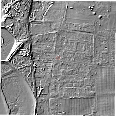 Shaded relief map of the ground around PO110LN, computed from Environment Agency LiDAR. The ground here sits at about 3 m above sea level and falls 10 m across the surrounding 800 m. Surface water reaching this point runs off ground lying to the north-east, 3.2 m higher.